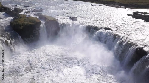 Tilt down aerial, Godafoss waterfall in Iceland