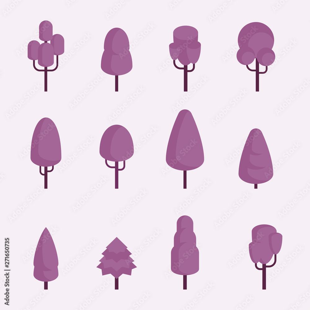 Set of violet flat vector trees. Flat cartoon style. Set of violet flat vector trees. Flat cartoon style.