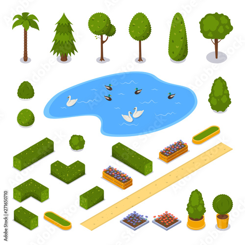 City park 3d isometric icons. Vector landscape design elements. Green garden trees, pond and flower pots, isolated
