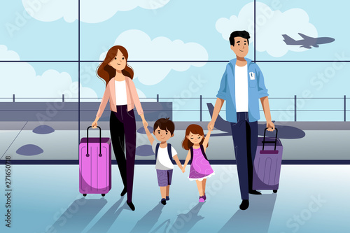Happy family with two kids going to their summer vacation. Family travel by airplane. Vector flat cartoon illustration.