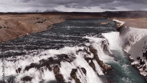 Aerial, waterfall flows in Iceland
