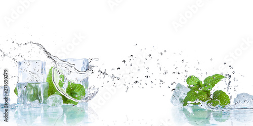 ice cubes and splashing water with mint on a white background