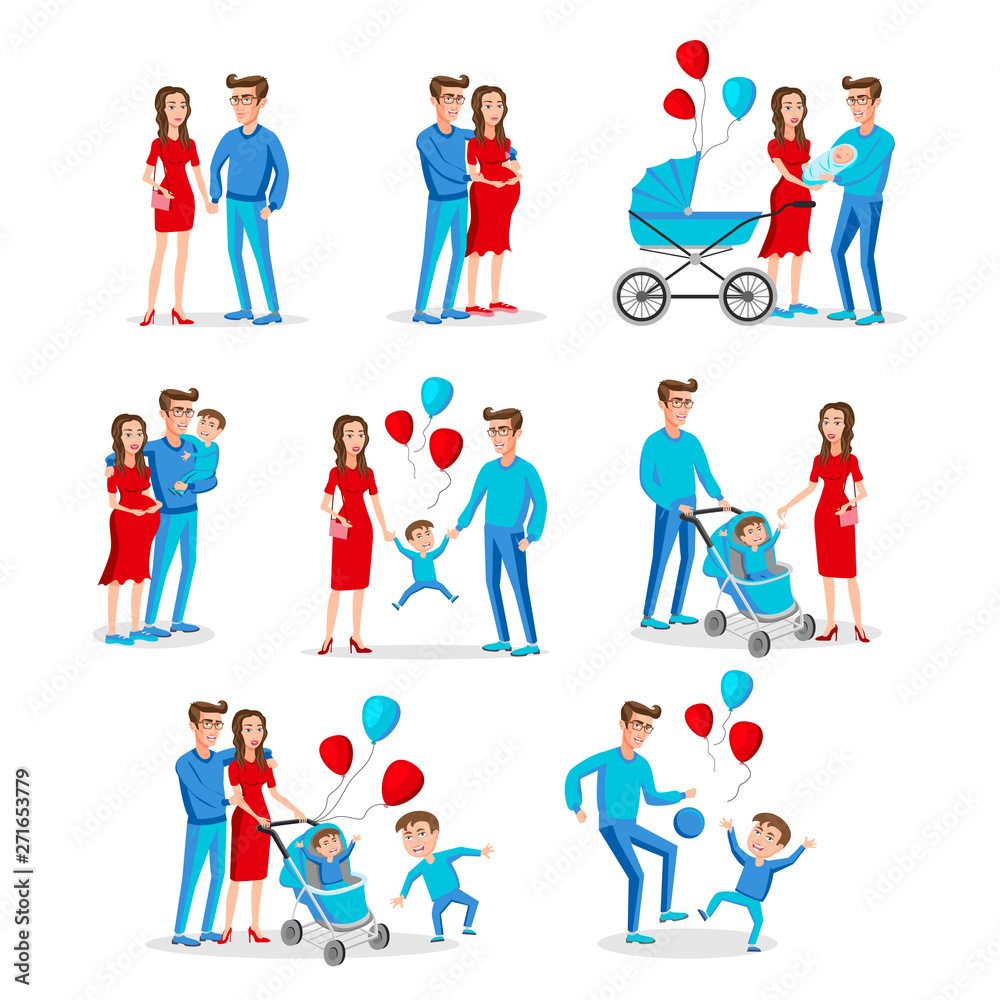 Set of characters showing the stages of development of the family. Creation, birth of children, care and upbringing. Mother, father and son. Vector illustration in a flat style