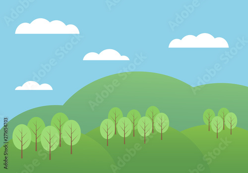 Flat design cartoon illustration of mountain landscape with hills and trees under blue sky with clouds  vector