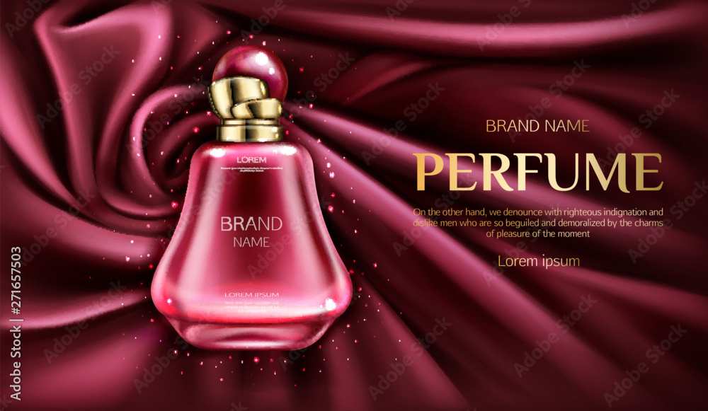 Perfume bottle on swirl velvet or silk fabric background. Glass