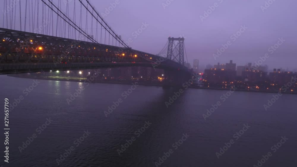 Williamsburg Bridge on foggy day, aerial