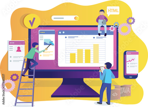 Web development. Project team of engineers for website create. Webpage building. UI UX design. Characters on a concept. Web agency. Template for programmer or designer. Vector illustration.