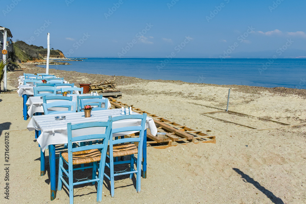 Typical Greek restaurant at the beach of Nea Fokea, Kassandra, Chalkidiki, Central Macedonia, Greece