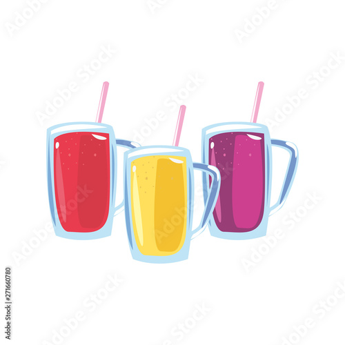 three cold fresh juices with straw