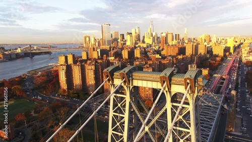 Pan left aerial, top of Williamsburg Bridge