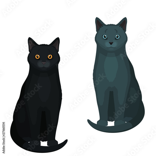 Cute cartoon cat vector illustration. Black and blue cats isolated on white background.