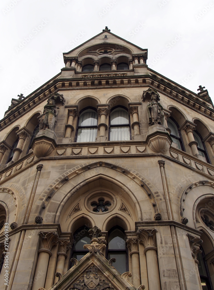 close up detail view of bradford city hall in west yorkshire a victorian gothic revival sandstone building with statues and clock tower