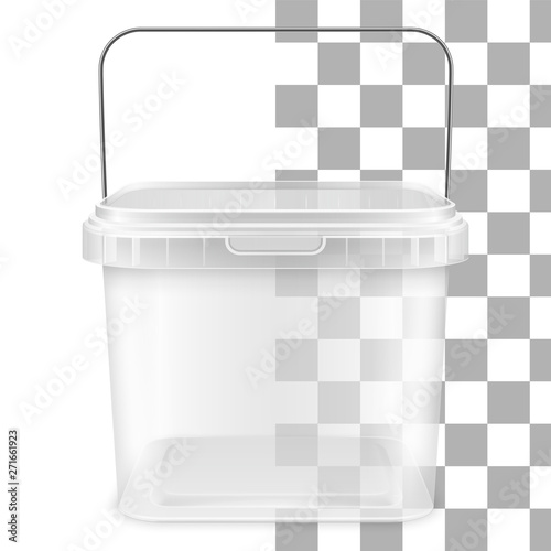Vector transparent square empty plastic bucket with metallic handle. Front view.