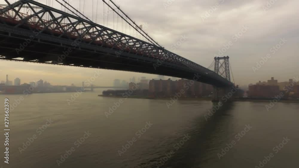 Pan right aerial, Williamsburg Bridge over East River Pan right aerial, Williamsburg Bridge over East River