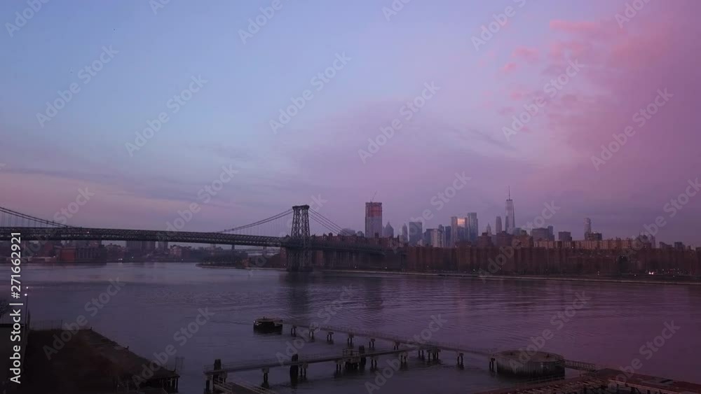 Wide aerial, colorful sunset in Williamsburg Bridge Wide aerial, colorful sunset in Williamsburg Bridge