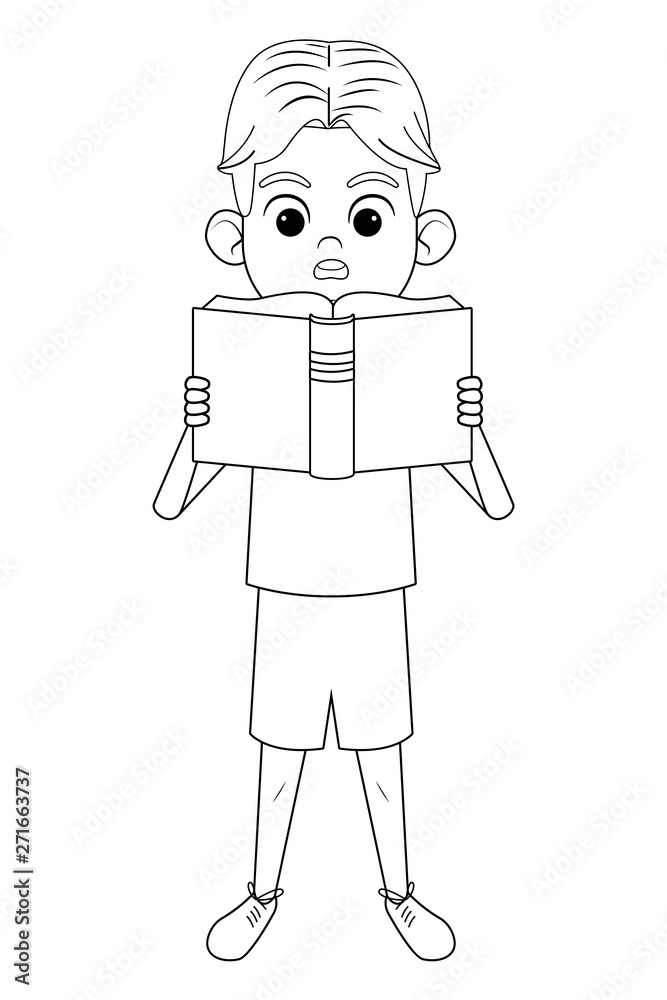 young boy with a book black and white
