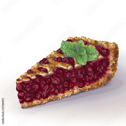 Vector American lingonberry pie with crispy crumbly crust and decorative braid on top. Juicy blaeberry juicy jam, whole berries. Fresh sprig og mint on top. Drawn by hand, realistic style. Izolated.