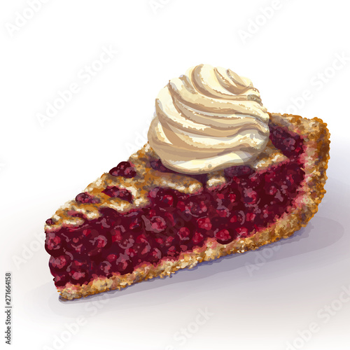 Vector American lingonberry pie a la mode with crispy crumbly crust and decorative braid on top. Juicy blaeberry juicy jam, whole berries. Ice cream on top. Drawn by hand, realistic style. Isolated.