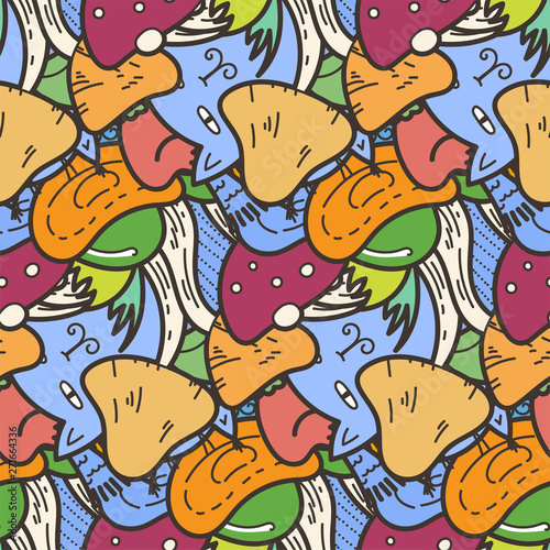 Cute seamless forest pattern with mushrooms. Nice for prints, design, colorings, cards, textile