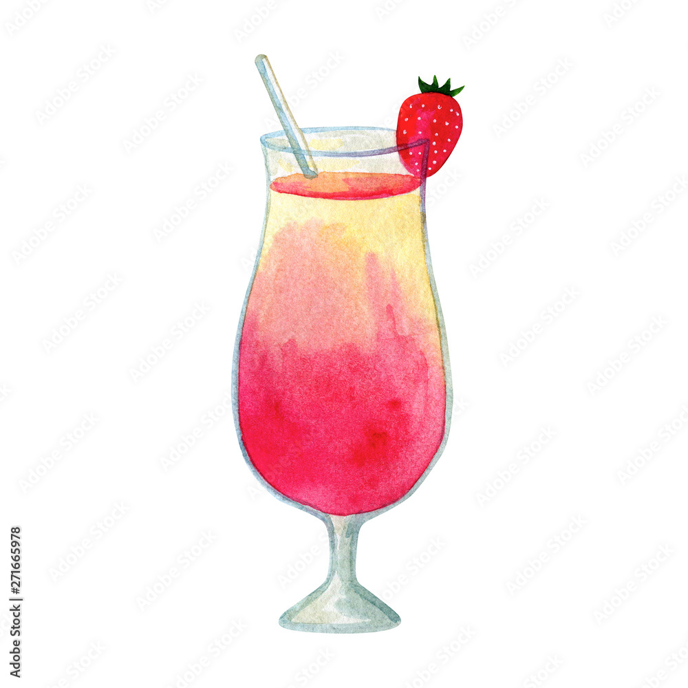 Yellow pink cocktail with strawberry. Hand drawn watercolor illustration.  Isolated on white background. Stock Illustration | Adobe Stock