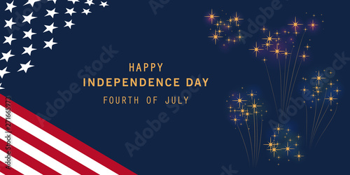Happy 4th July, USA independence day flyer template with American national flag on navy blue background and fireworks. Poster, banner, greeting card design