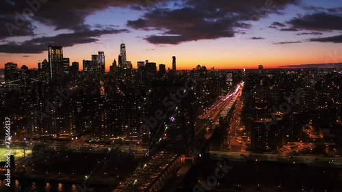 Pan left aerial, Williamsburg Bridge at night