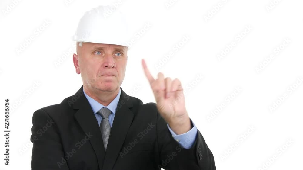 Confident Engineer with Suit and Helmet Make No Finger Gestures a Deny Hand Sign Confident Engineer with Suit and Helmet Make No Finger Gestures a Deny Hand Sign