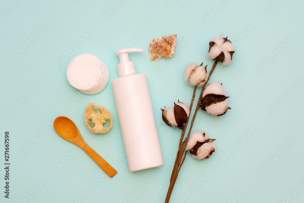 Care and help your body. Accessories for beauty on blue background. Flat lay Care and help your body. Accessories for beauty on blue background. Flat lay