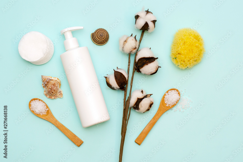 Care and help your body. Accessories for beauty on blue background. Flat lay Care and help your body. Accessories for beauty on blue background. Flat lay