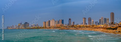 Panoramic sunset view of of Tel Aviv coastline, Israel.