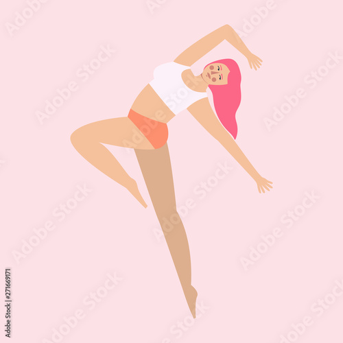 Body positive. Pretty plus size woman on pink backgroung. Flat vector illustration.