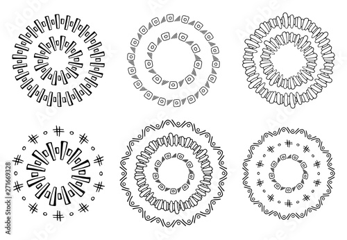 Set of Hand drawn circular ornaments. Isolated doodle decorative elements.