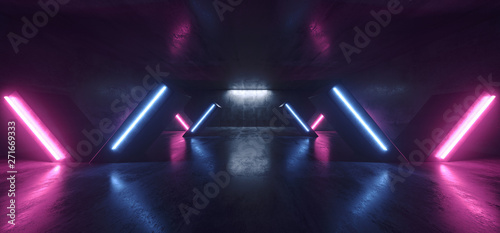 Fototapeta Naklejka Na Ścianę i Meble -  Sci Fi Neon Lights Glowing Purple Blue Columns X Shaped In Dark Concrete Grunge Room Hall Garage Tunnel Corridor Club Stage Showcase Dance Virtual Reflections 3D Rendering