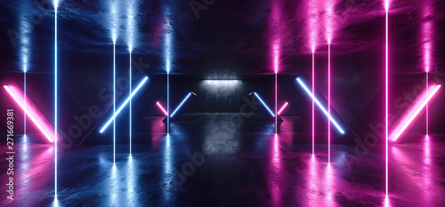 Sci Fi Neon Lights Glowing Purple Blue Columns X Shaped In Dark Concrete Grunge Room Hall Garage Tunnel Corridor Club Stage Showcase Dance Virtual Reflections 3D Rendering © IM_VISUALS