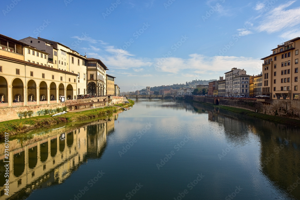 Arno River in Florence. View from the Ponte Vecchio. Tuscany. Italy. 