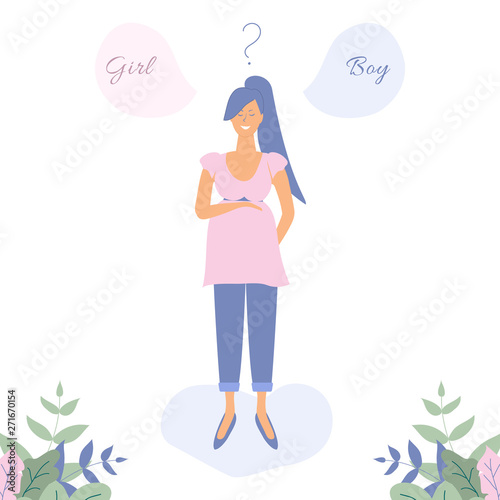 Cute pregnant girl in pink tunic and jeans.Flat Funky Figures style.Decorated beautiful leaves.Question or dreams about Girl or Boy. Vector illustration.For advertising, logo, leaflets,booklets,flyers