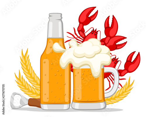 Beer in a bottle and a glass with red lobsters on a white.