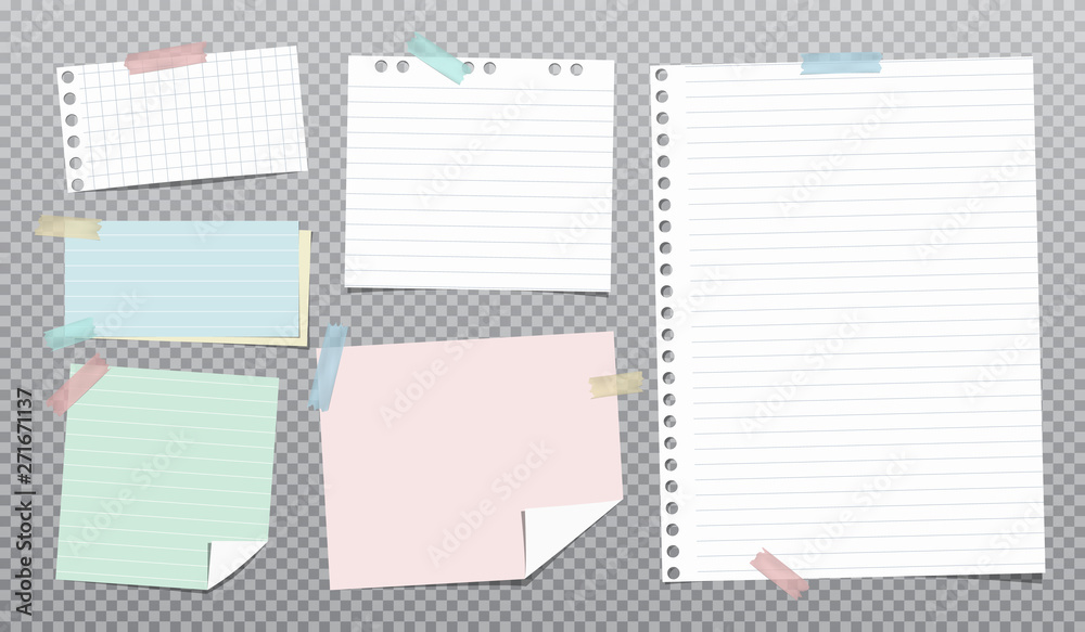 White, colorful and lined note, notebook paper stuck on grey squared background. Vector illustration - obrazy, fototapety, plakaty 