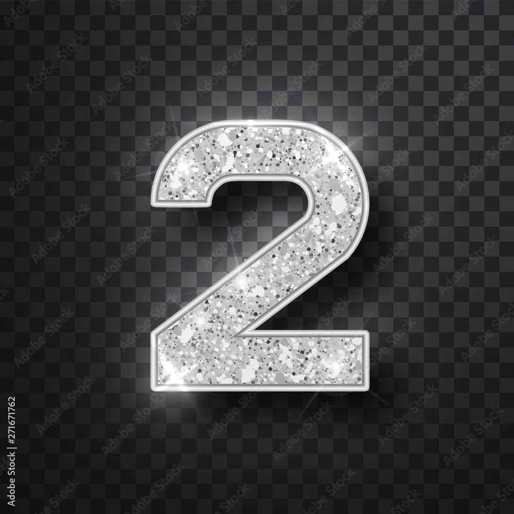 Silver glitter alphabet numbers 2 with shadow. Vector realistick shining silver font number two of sparkles on blask background. For decoration of cute wedding, anniversary, party, label, headline Silver glitter alphabet numbers 2 with shadow. Vector realistick shining silver font number two of sparkles on blask background. For decoration of cute wedding, anniversary, party, label, headline