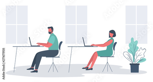 Office workers in the workplace. Business icon. Young man and young woman are sitting at the desks in the office room. There are desks, chairs, laptops, windows and flower here. Funky flat style.