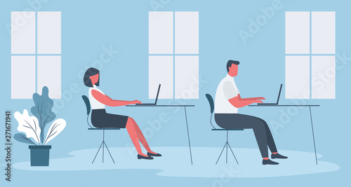 Office workers in the workplace. Business icon. Young man and young woman are sitting at the desks in the blue office room. There are desks, chairs, laptops, windows and flower here. Funky flat style.