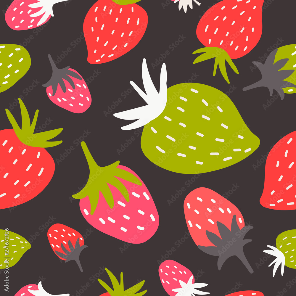 Seamless cartoon pattern with green, pink and red strawberry on black background. Vector pattern Seamless cartoon pattern with green, pink and red strawberry on black background. Vector pattern