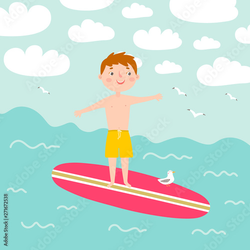 Boy boy surfing on a surfboard. Hand drawn vector illustration.