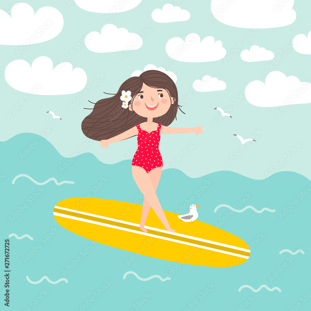 Girl swims through the waves on a surfboard.  Hand drawn vector illustration.
