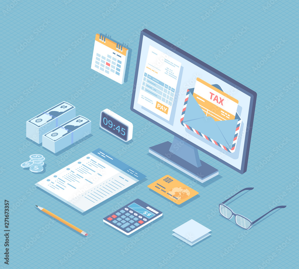 Online tax payment, bookkeeping, accounting. Tax form in envelope, account on the monitor screen documents, calendar, calculator, piles of money, credit card on the table. Isometric 3d vector Online tax payment, bookkeeping, accounting. Tax form in envelope, account on the monitor screen documents, calendar, calculator, piles of money, credit card on the table. Isometric 3d vector