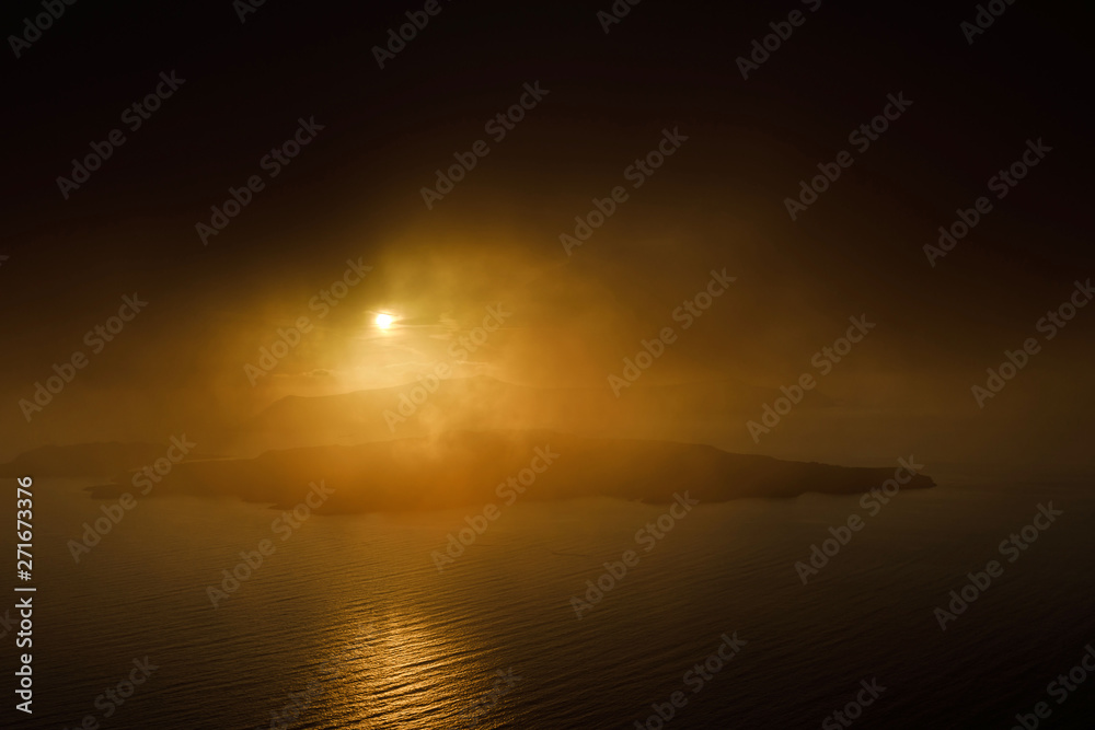 Elevated incredibly romantic sunset scene on Santorini. Shortly before the sunset