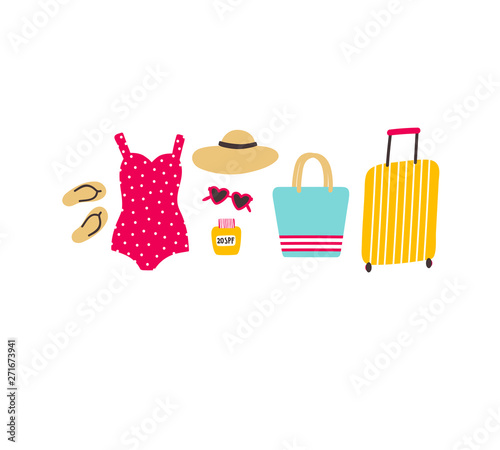 Summer illustration with beach accessories. Vector illustration.