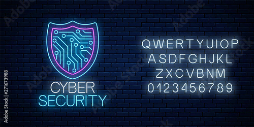 Cyber security glowing neon sign with alphabet. Internet protection symbol with shield and circuit board.