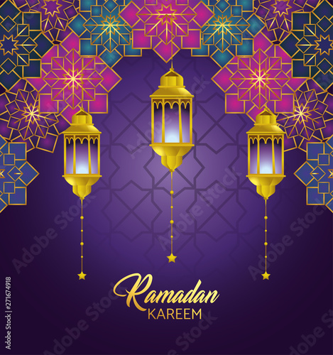 gometric flowers with lamps hanging to ramadan kareem