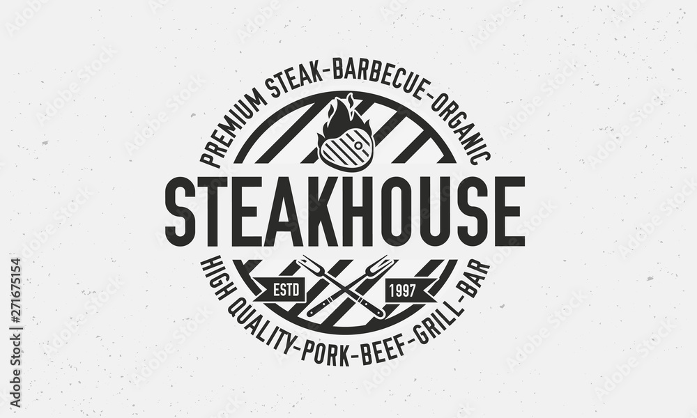 Obraz premium Vintage Steakhouse Logo. Steak grill retro logo template. Barbecue restaurant emblem. Vector Illustration. 